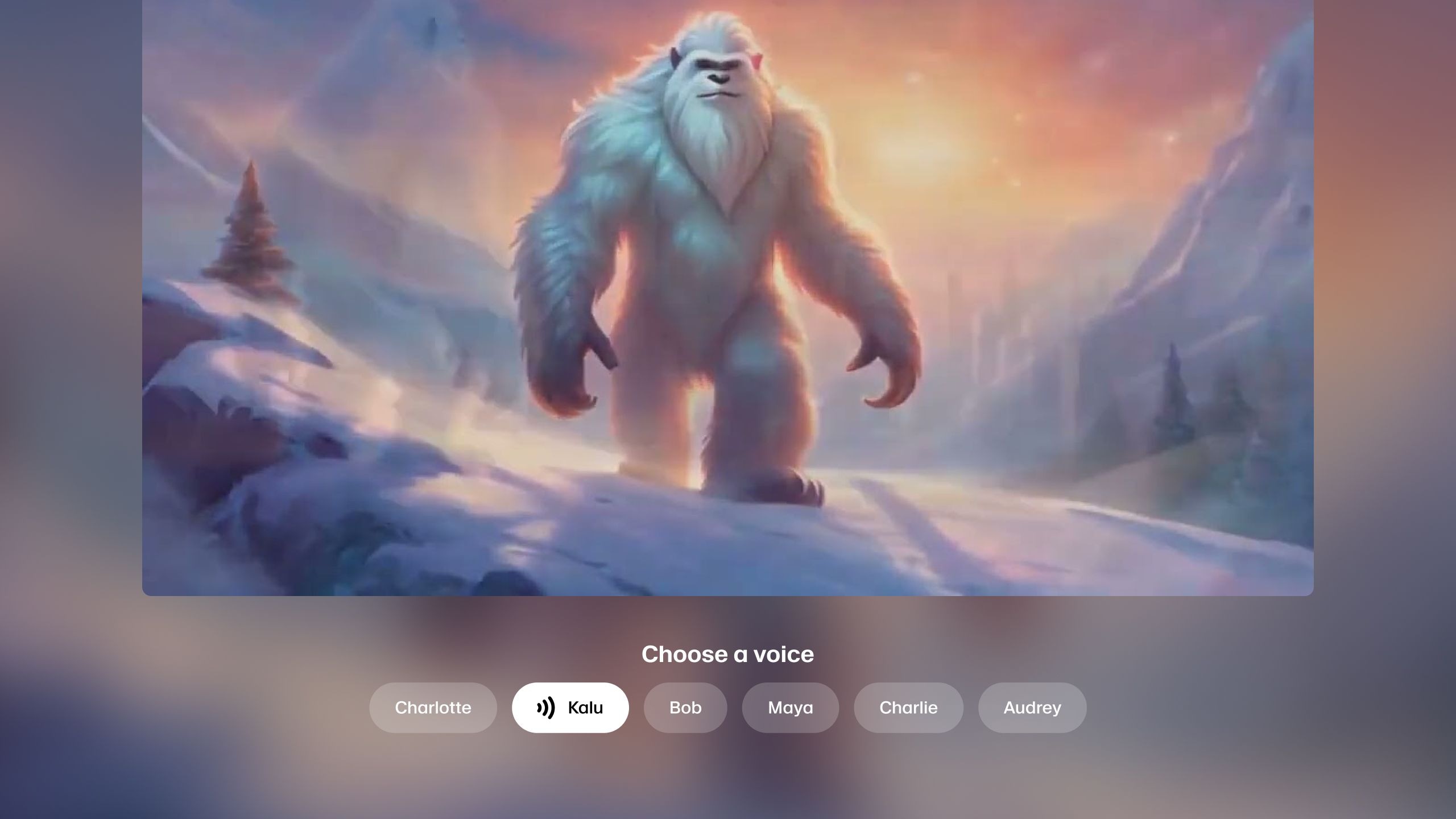 A large, white-furred yeti walking through a snowy mountain landscape at sunset.