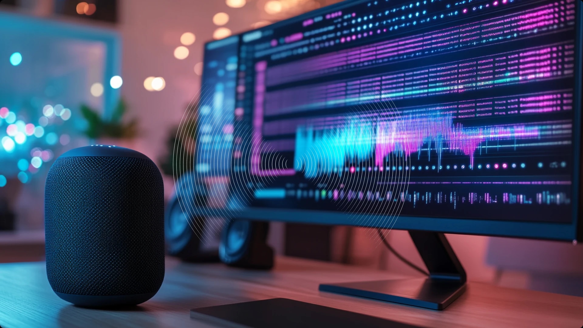 A smart speaker and a computer monitor displaying colorful audio waveforms and digital sound editing visuals.
