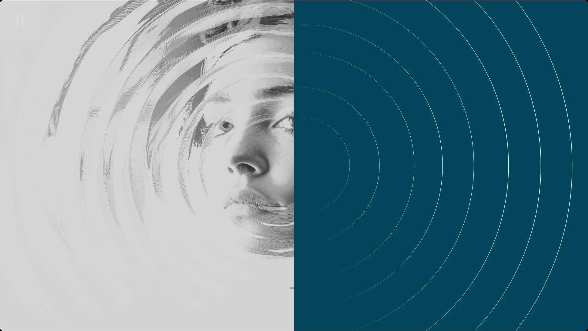 A split image with a grayscale portrait of a person's face on the left and a dark blue background with concentric circles on the right.