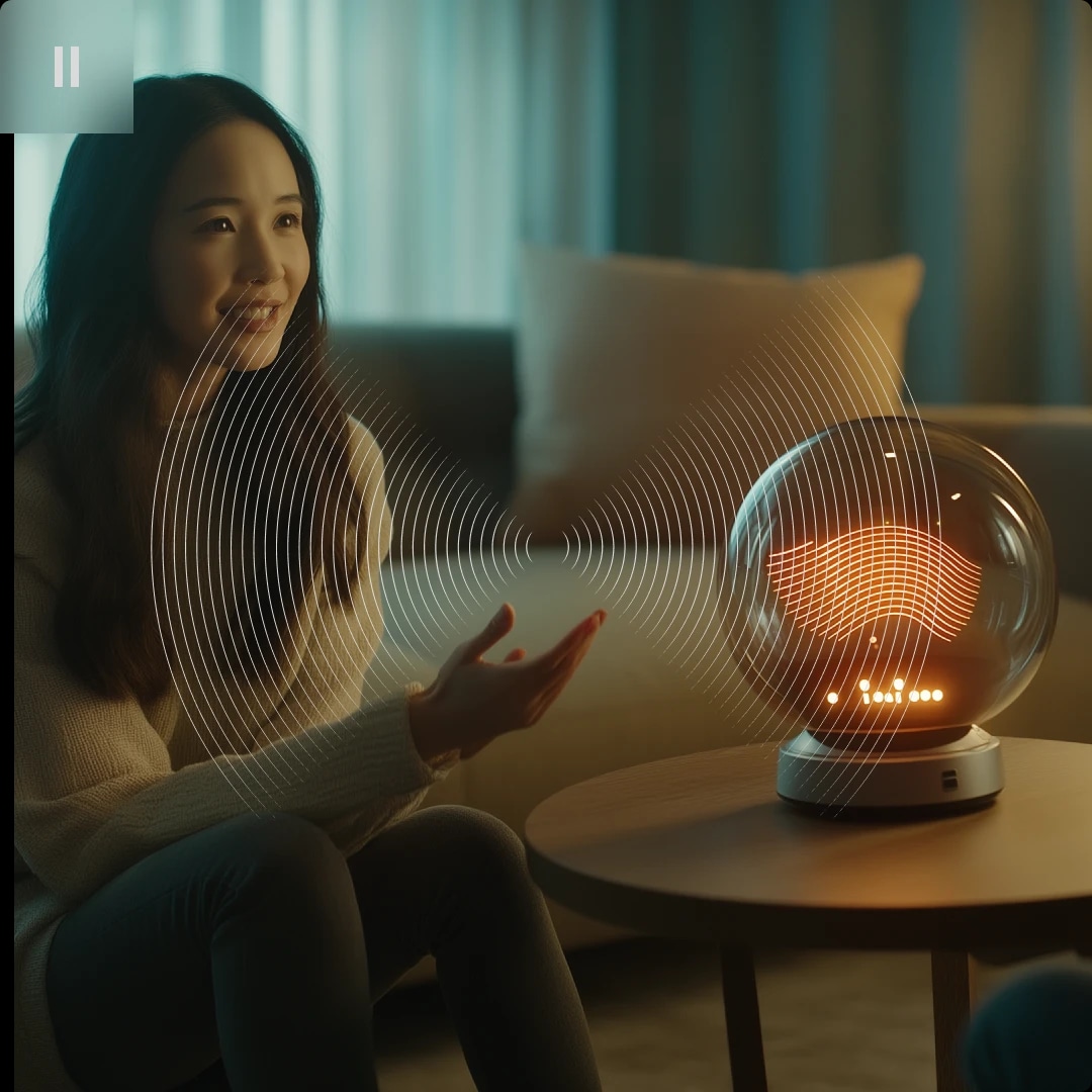 A woman smiling and gesturing towards a spherical smart speaker on a table, with sound wave graphics emanating from it.