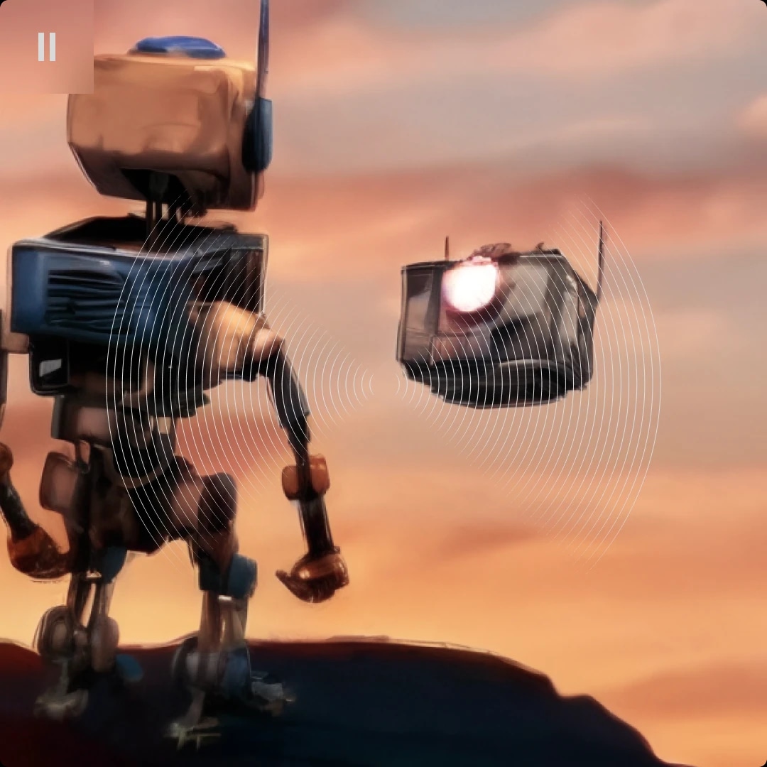 A robot with a boxy head and mechanical limbs stands on a dark surface at sunset, facing a floating, box-shaped drone with a bright light on its front.