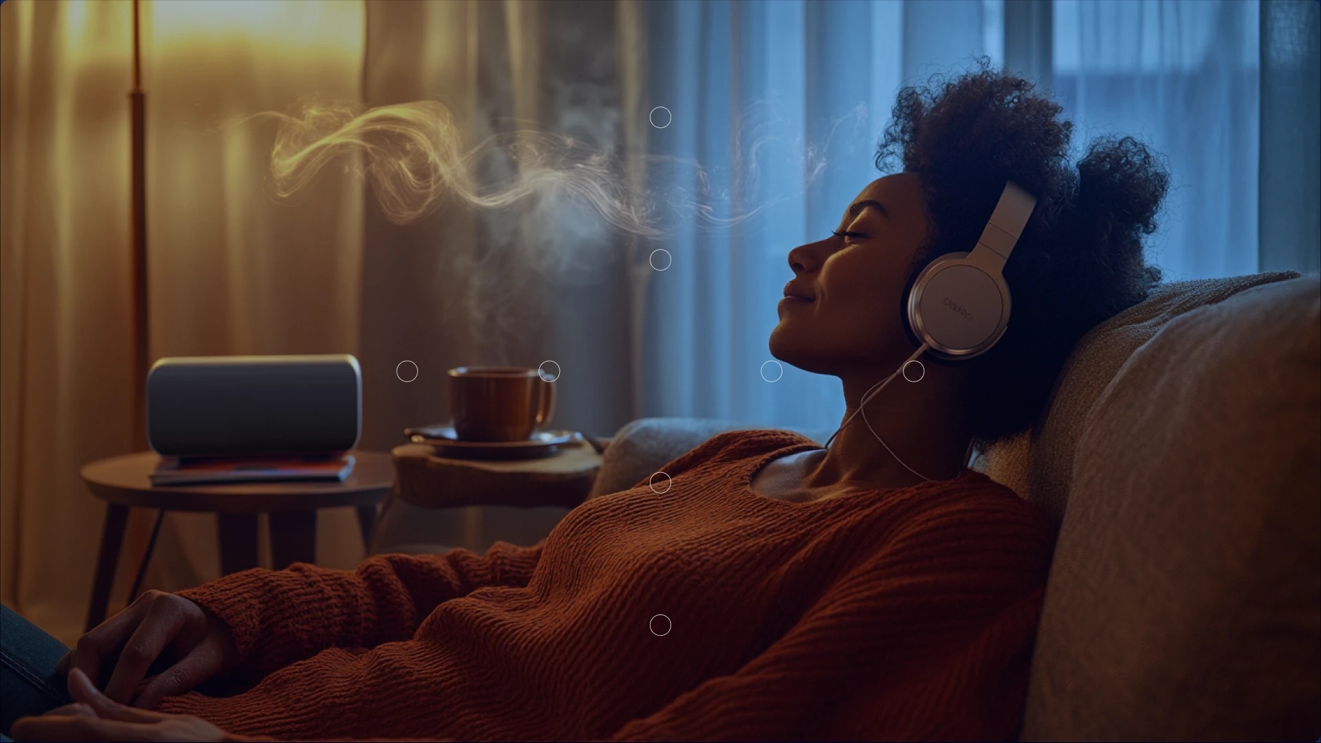 A woman relaxing on a couch with headphones, enjoying music, with a steaming cup and a speaker nearby.