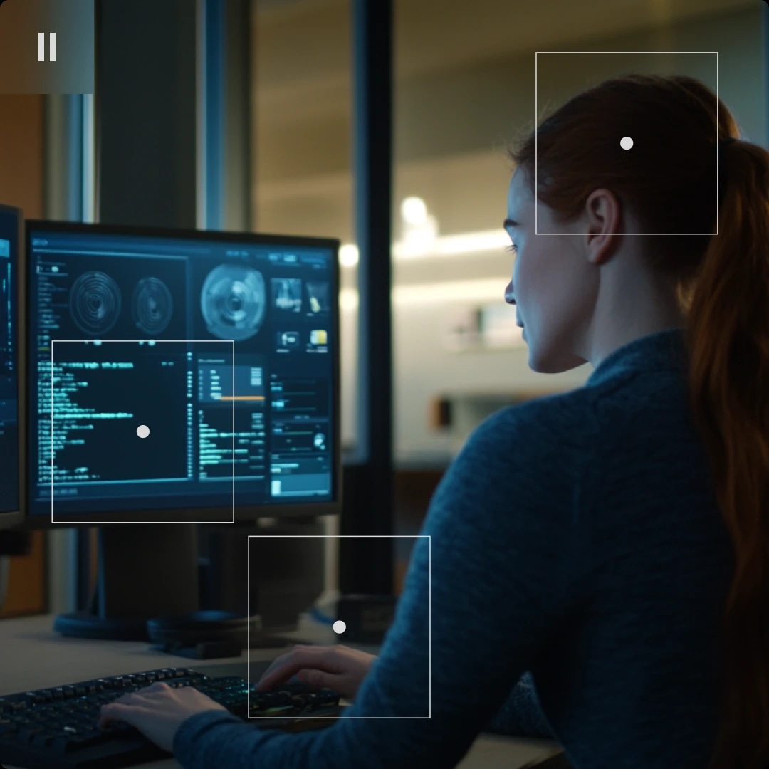 A woman working on a computer with multiple screens displaying data and graphics.
