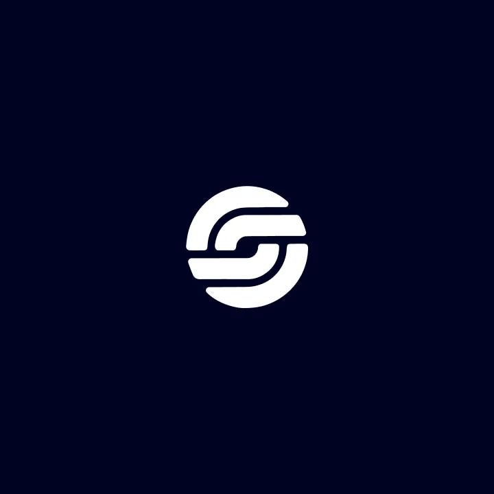 A white circular logo with stylized, interconnected lines on a dark background.