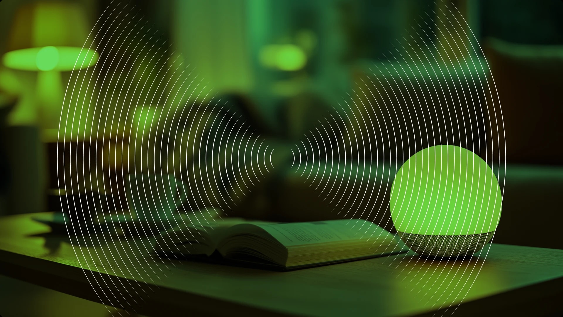 A Google Nest Audio smart speaker on a table with an open book, overlaid with white concentric circles and lines.