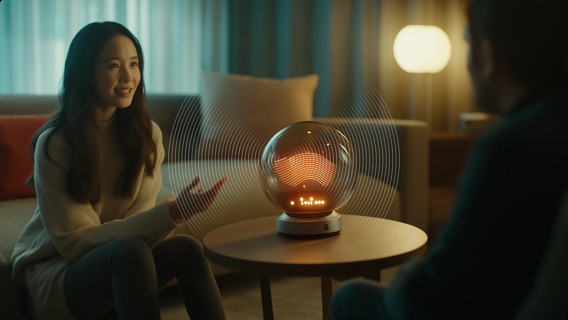 A woman smiling and talking to a man in a cozy living room with a futuristic holographic device on the table between them.