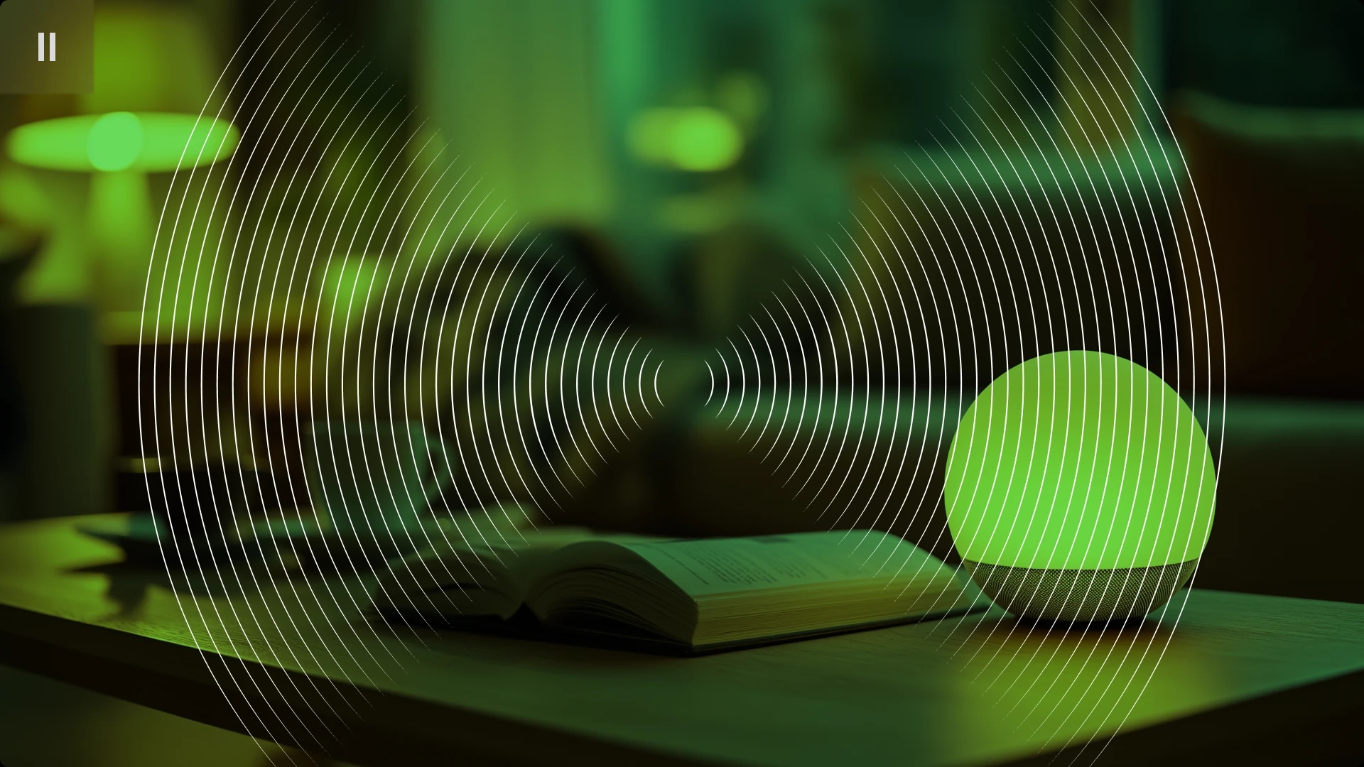 A smart speaker on a table with an open book, overlaid with concentric circles and lines in a green and black color scheme.