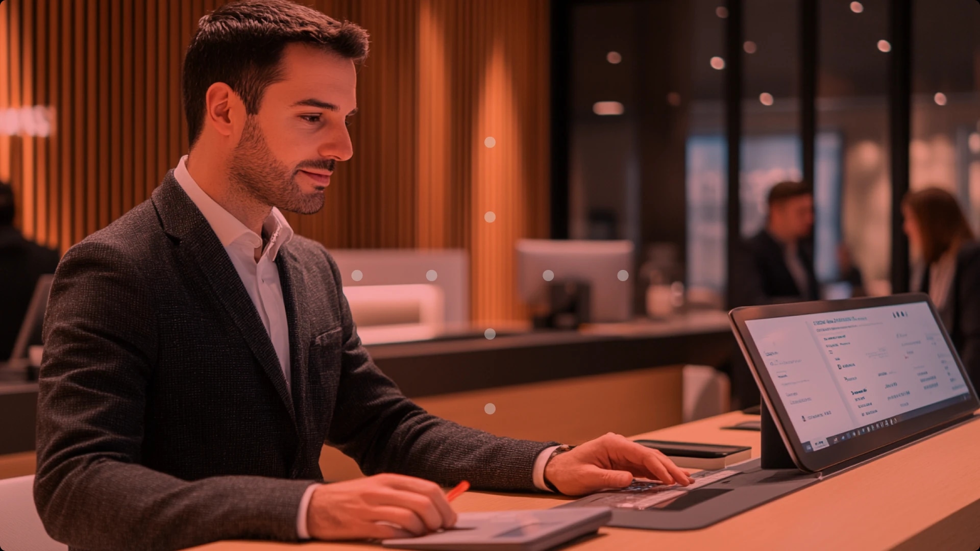 A man in a suit working on a touchscreen computer at a reception desk in a modern office or hotel lobby.