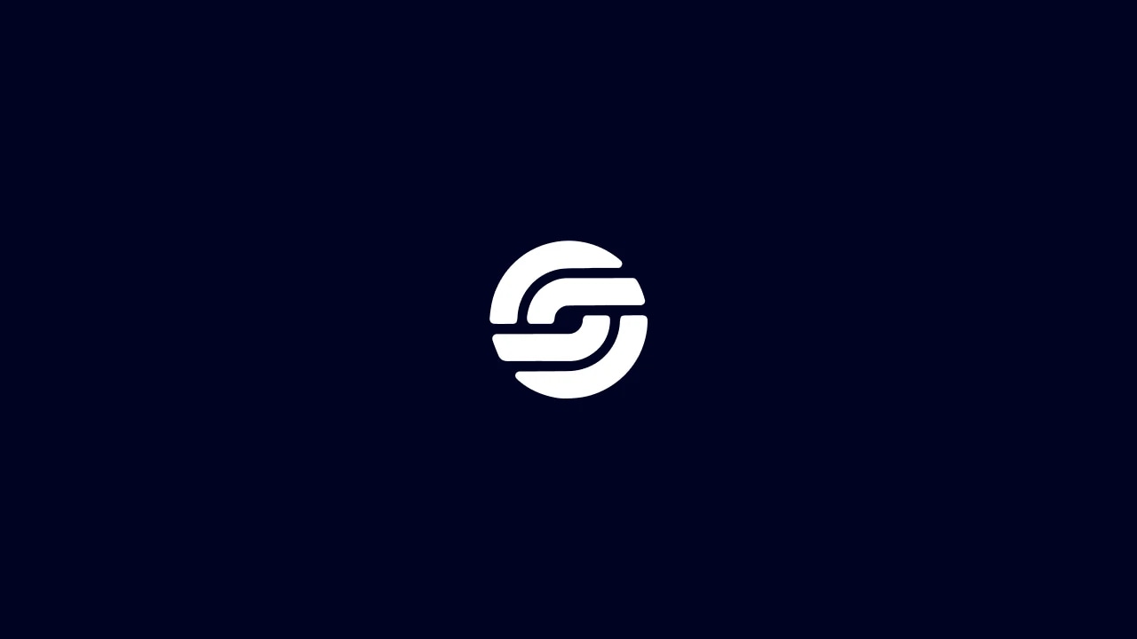 A white circular logo with stylized lines on a dark blue background.