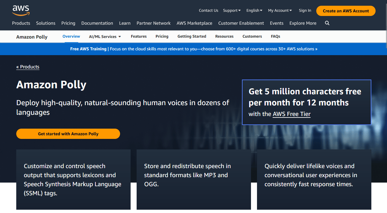 Screenshot of the AWS Amazon Polly webpage, featuring information about the service and a call-to-action button.