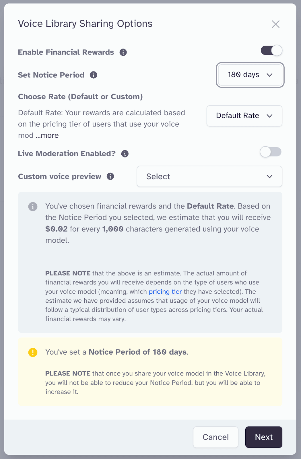 Voice Library Sharing Options settings screen showing toggle for financial rewards, notice period, rate selection, moderation, and preview options.