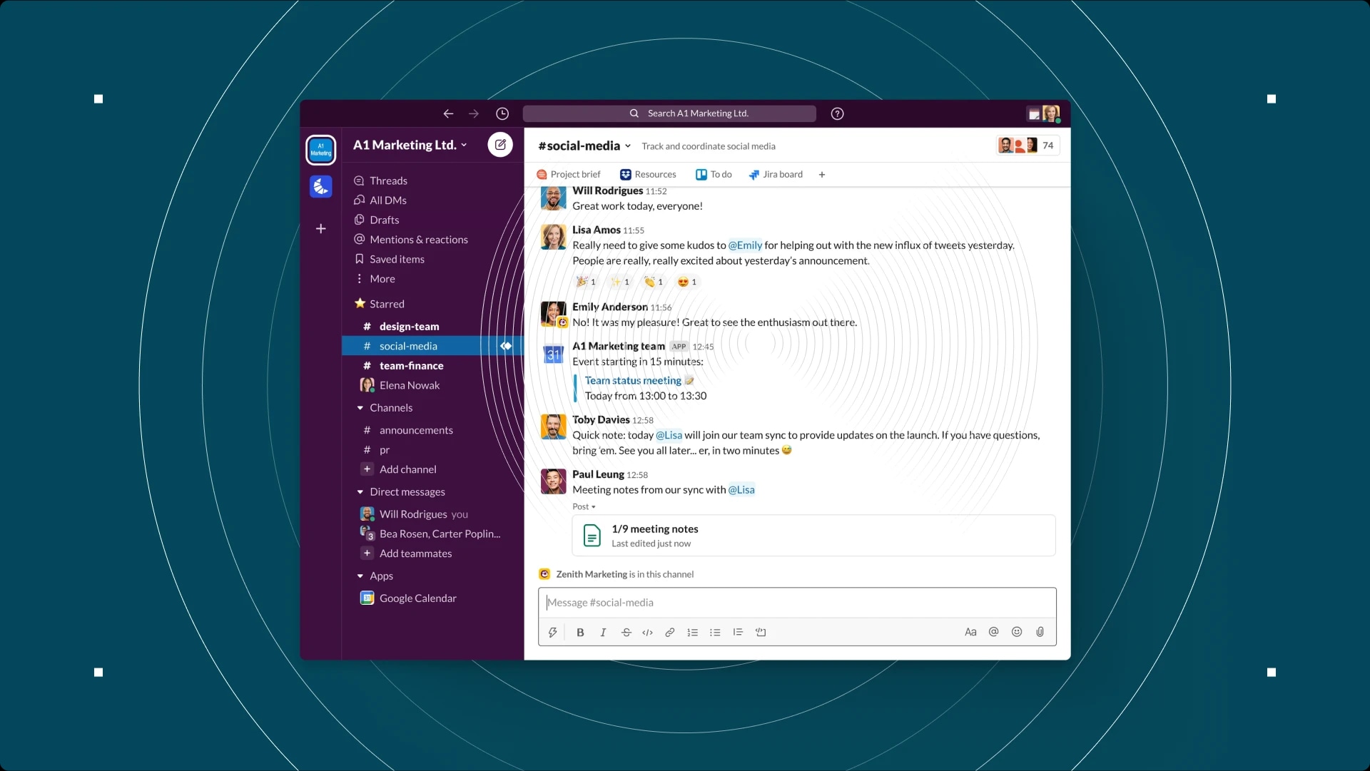 Slack workspace with channels and messages related to social media.