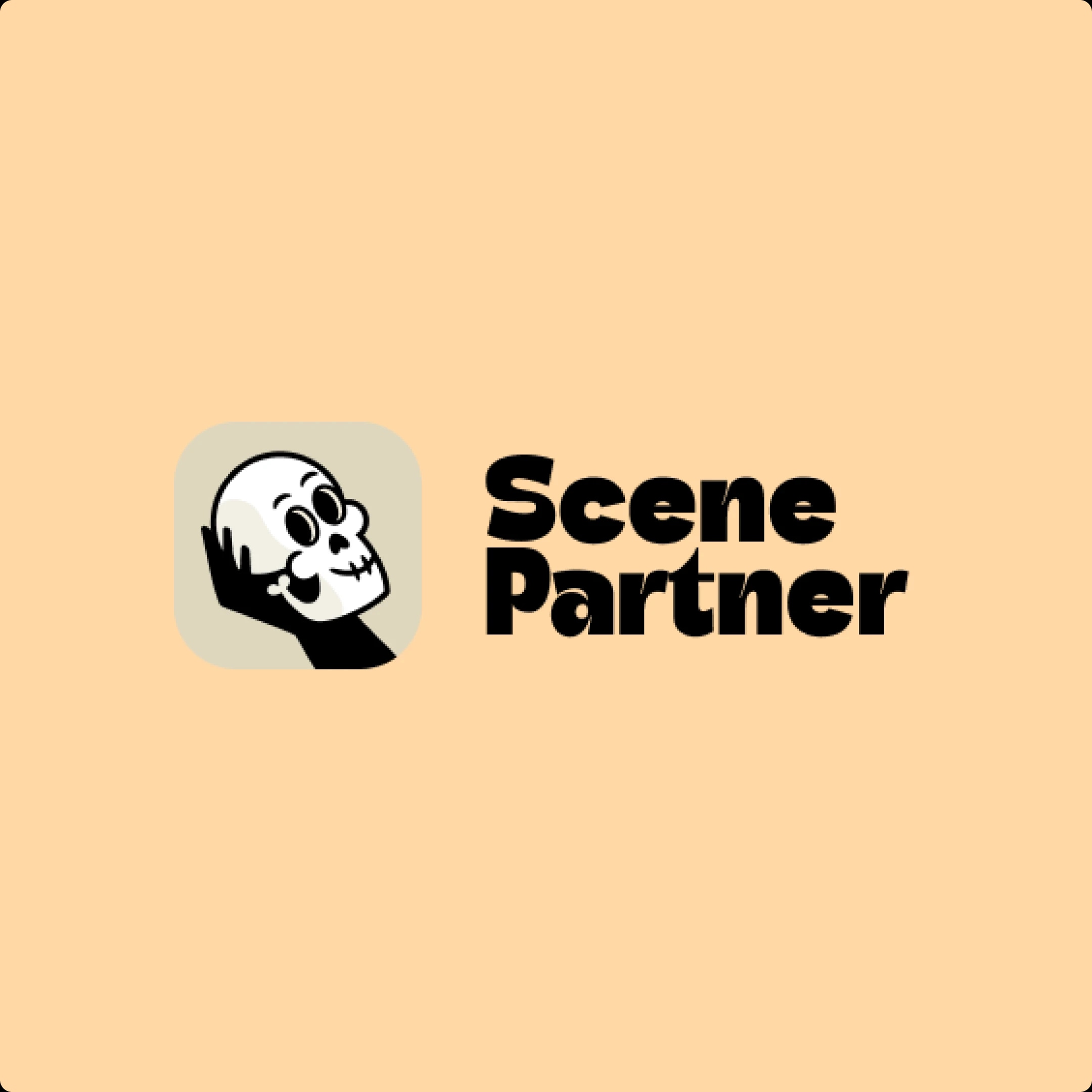 A logo with a cartoon skull resting on a hand, next to the text "Scene Partner" on a beige background.