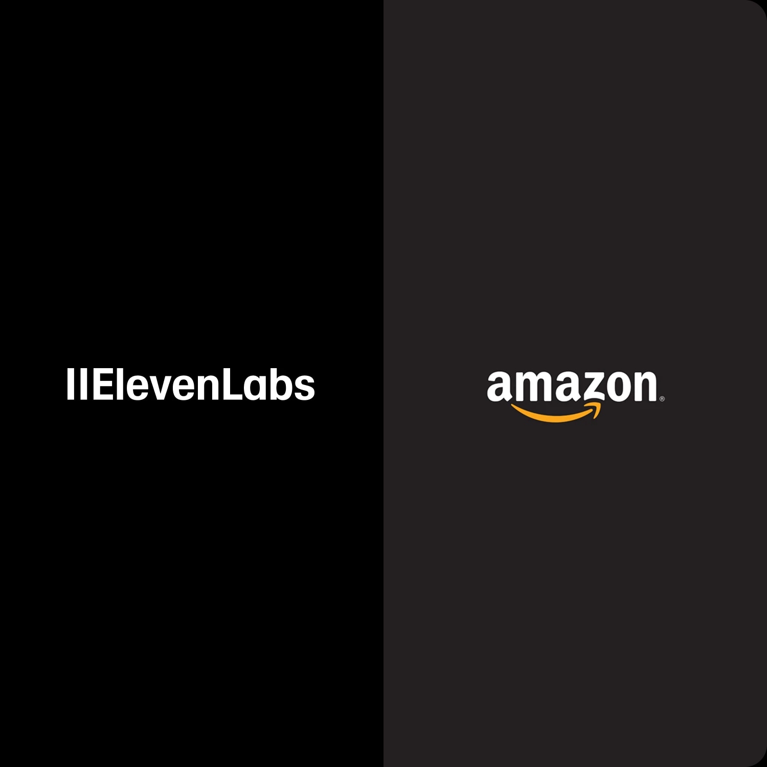 Side-by-side comparison of the IIElevenLabs logo on a black background and the Amazon logo on a dark gray background, illustrating branding contrast between a tech startup and a major e-commerce company.