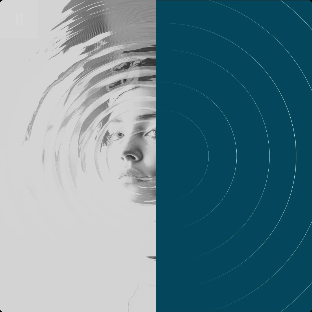 A person's face is partially visible through a swirling, distorted pattern on the left side, with a solid dark blue background with concentric circles on the right side.