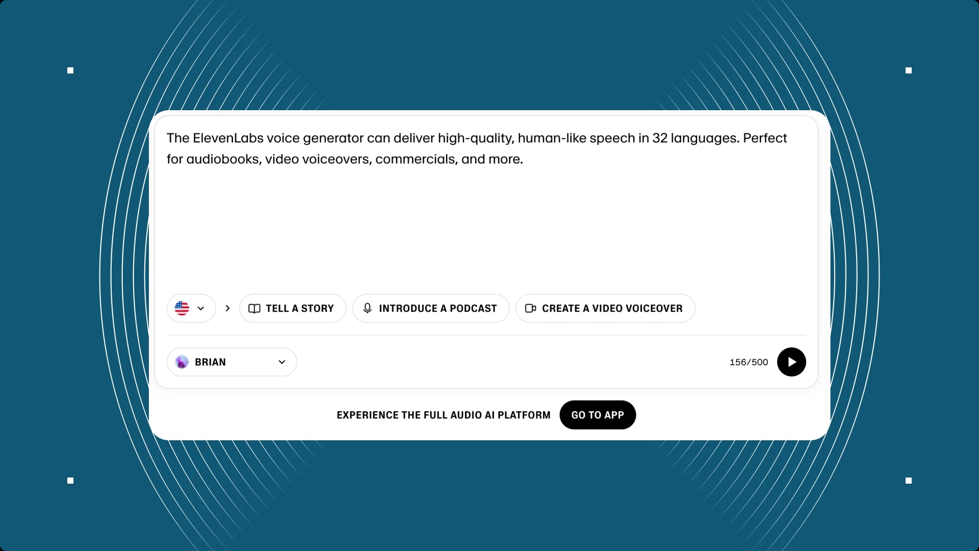 Screenshot of the ElevenLabs voice generator interface with options to tell a story, introduce a podcast, create a video voiceover, and a play button.