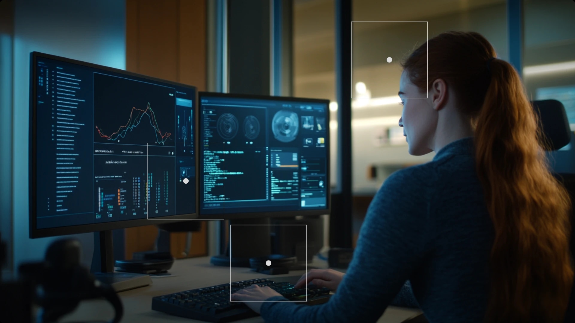 A woman with long red hair working at a desk with multiple monitors displaying data and graphs.