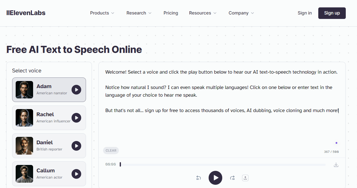 Screenshot of a webpage offering free AI text-to-speech services, featuring a voice selection panel with profiles of Adam, Rachel, Daniel, and Callum, and a text input area with playback controls.