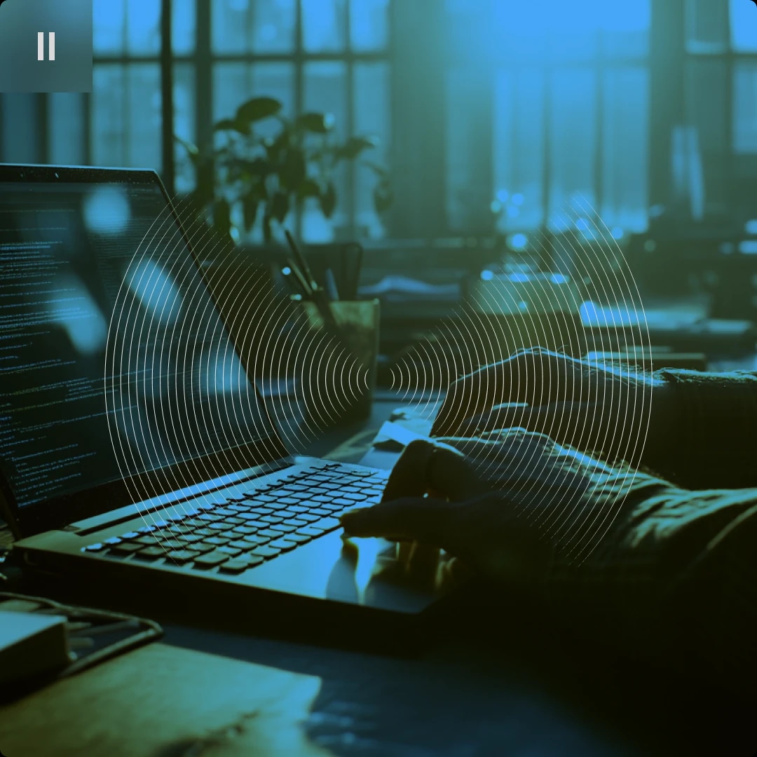 A person using a laptop with code on the screen, in a dimly lit office with large windows and plants in the background.