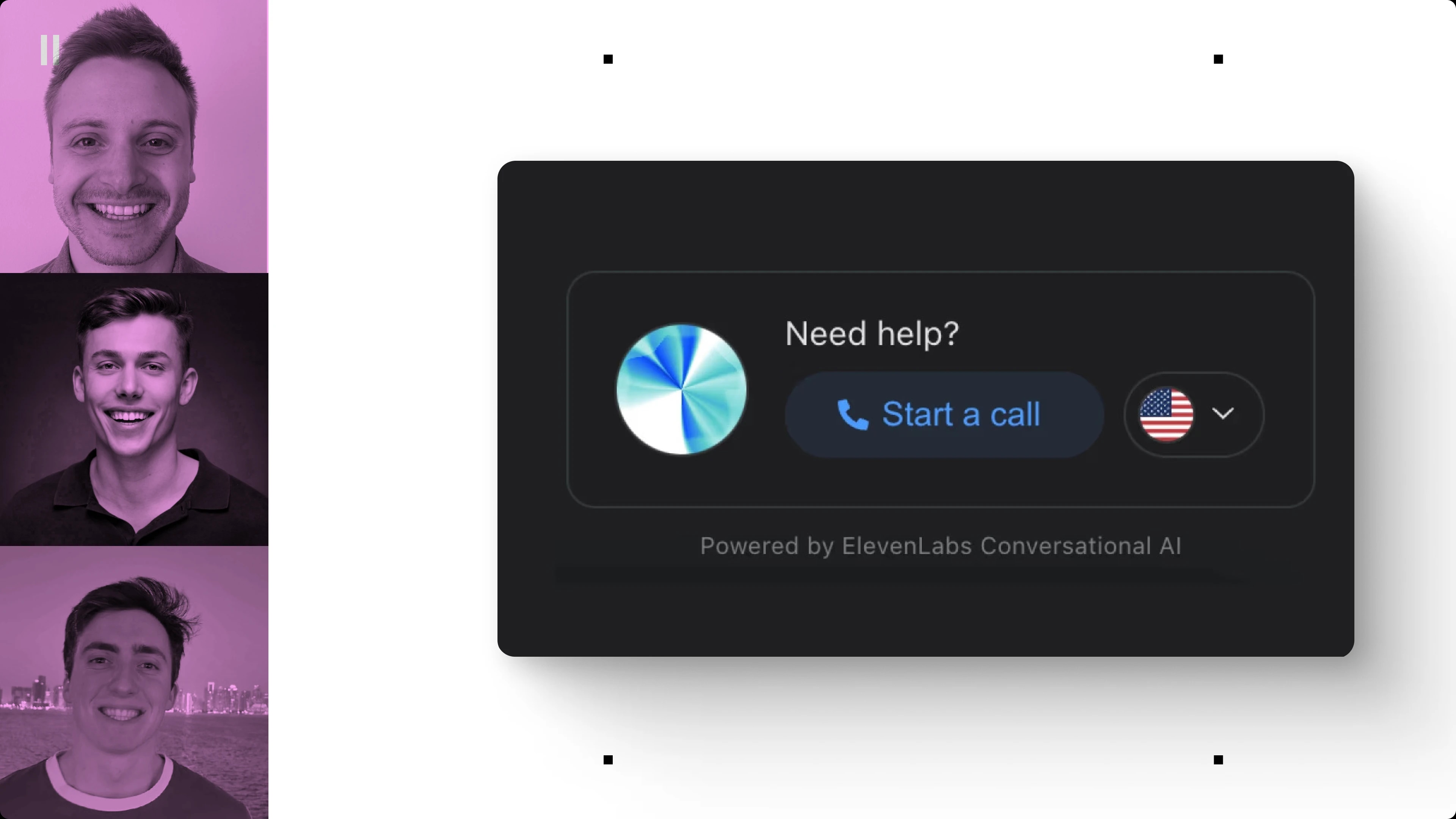 Dialog box with a "Need help?" message, a "Start a call" button, and a US flag icon.