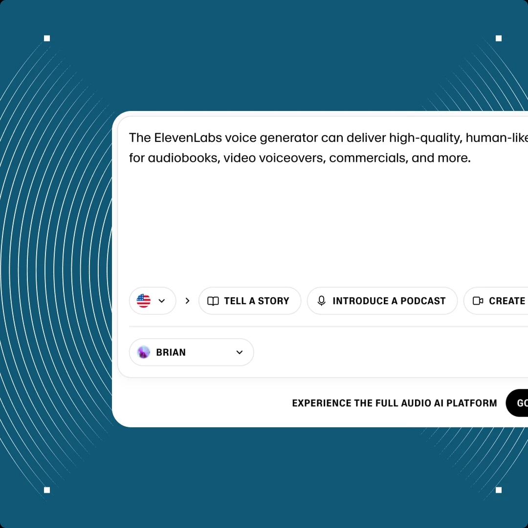 Screenshot of the ElevenLabs voice generator interface with options to tell a story, introduce a podcast, and create content.